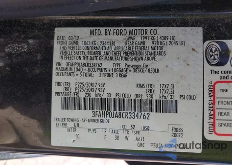 2012 Ford Fusion Sel из США, поврежденный, VIN 3FAHP0JA8CR334762